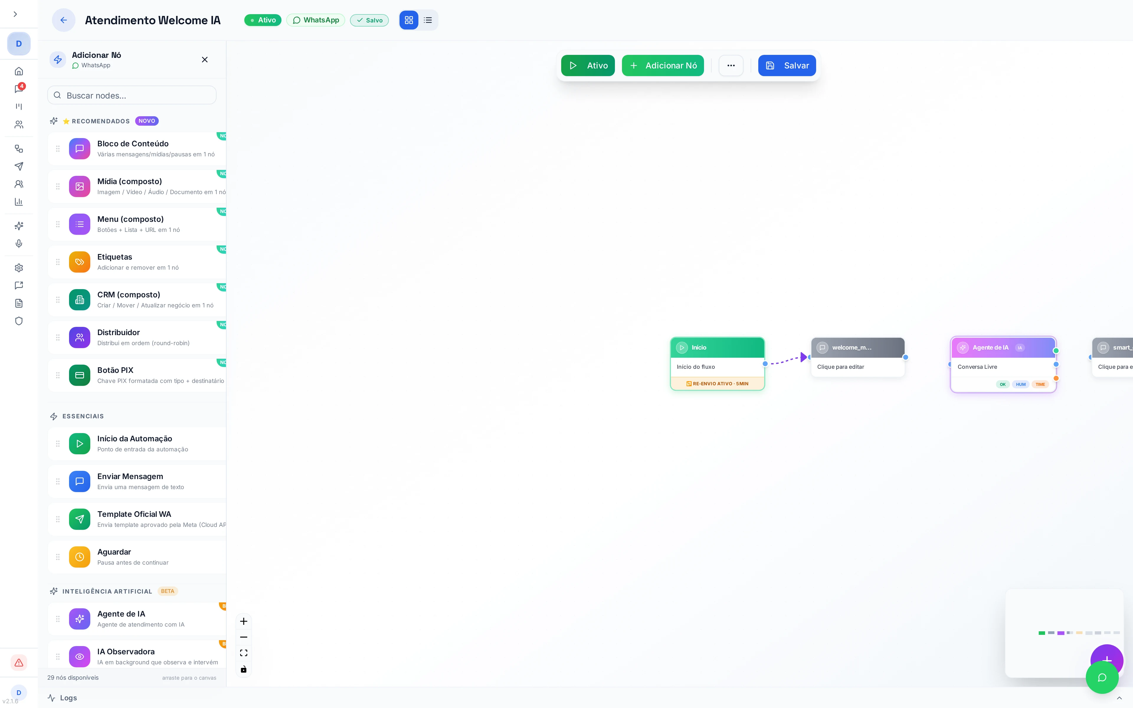 Catálogo de blocos disponíveis: Conteúdo, Mídia, Menu, CRM, Botão PIX, Agente IA, Distribuidor