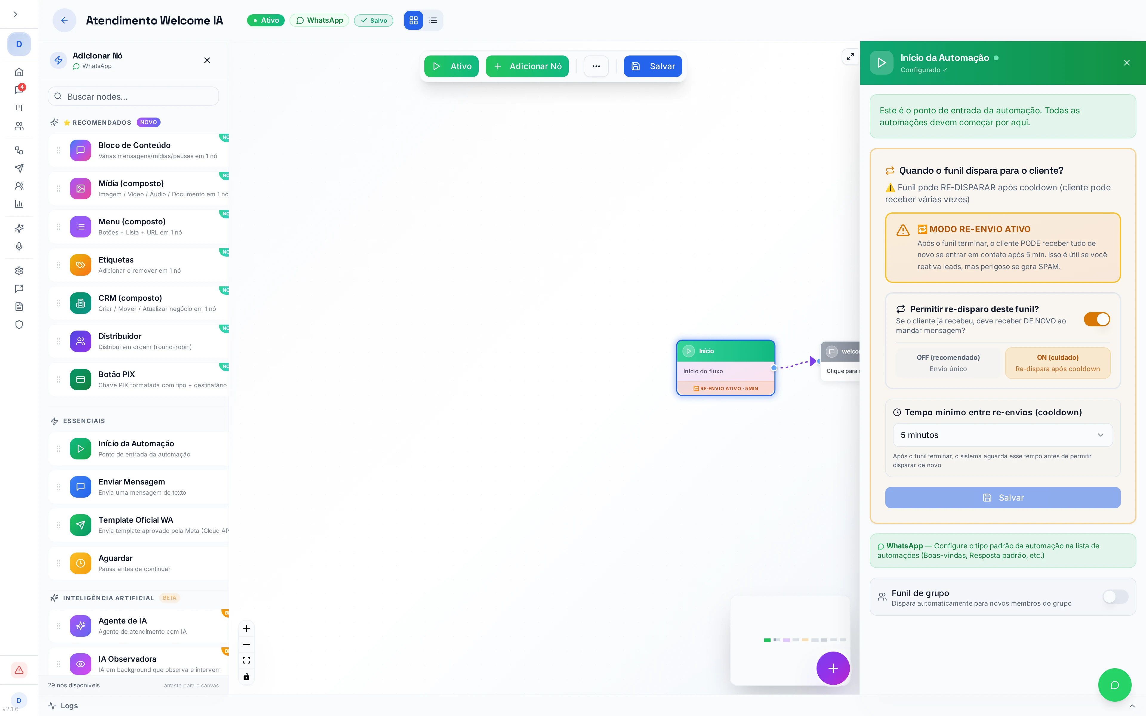 Painel de configuração de um bloco com timing, modo de reenvio e canais