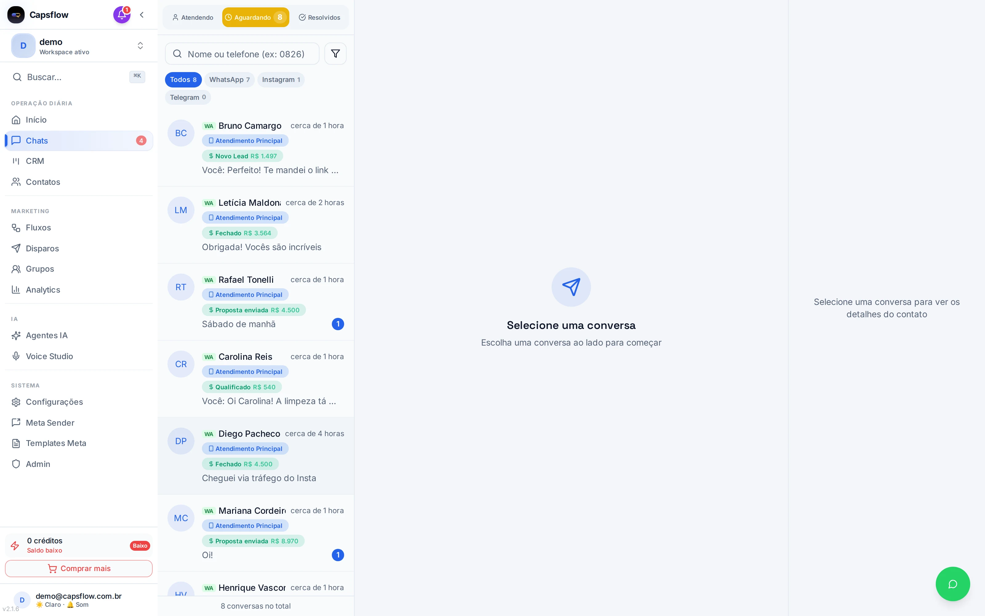 Inbox CapsFlow com WhatsApp, Instagram e Telegram